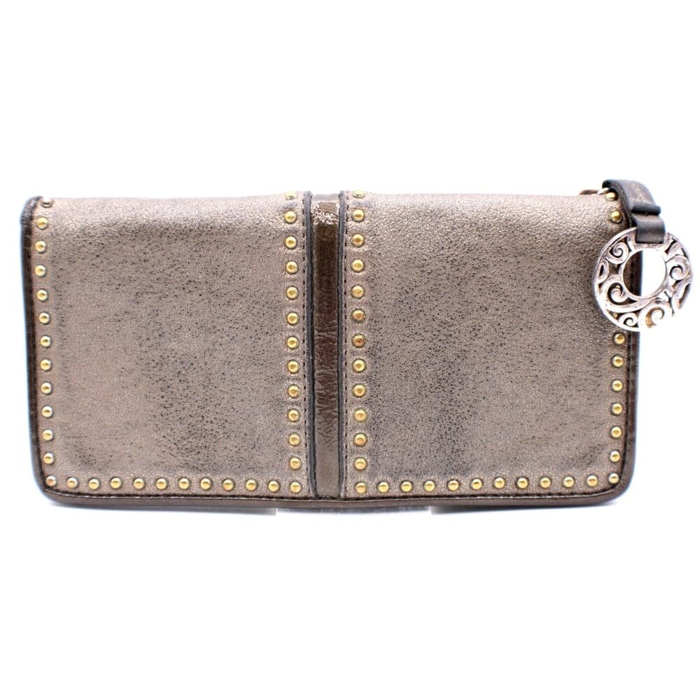 Brighton Pretty Tough Collection Studded Leather Wallet Metallic Bronze Pewter